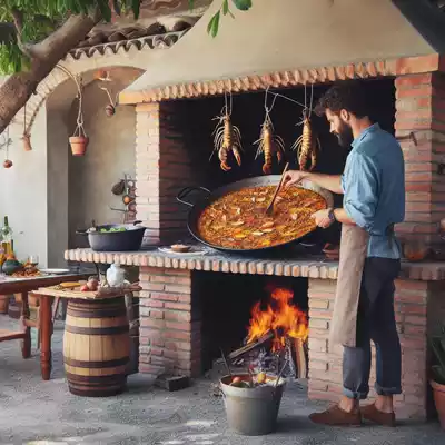 paellera en barbacoa de obra para hacer pella