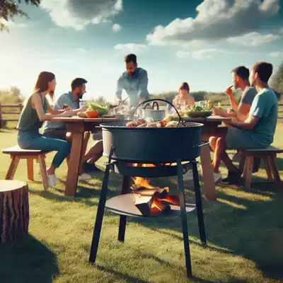 famila comiendo al lado de un brasero