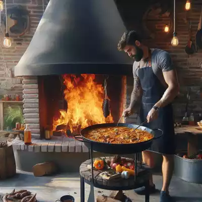 paellera en barbacoa de obra para hacer pella