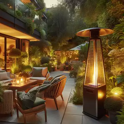 estufa de gas en terraza de jardín